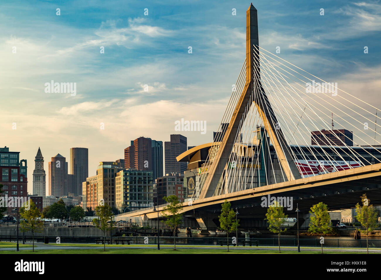 Leonard P. Zakim/Bunker Hill Memorial Bridge (Zakim Bridge) and skyline, Boston, Massachusetts USA Stock Photo