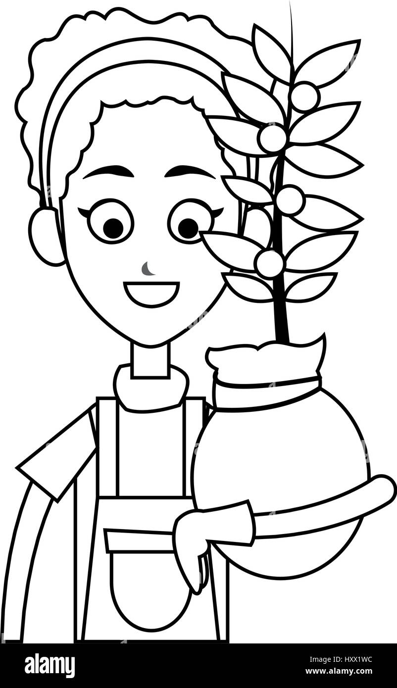 Female farmer holding plant cartoon Black and White Stock Photos ...