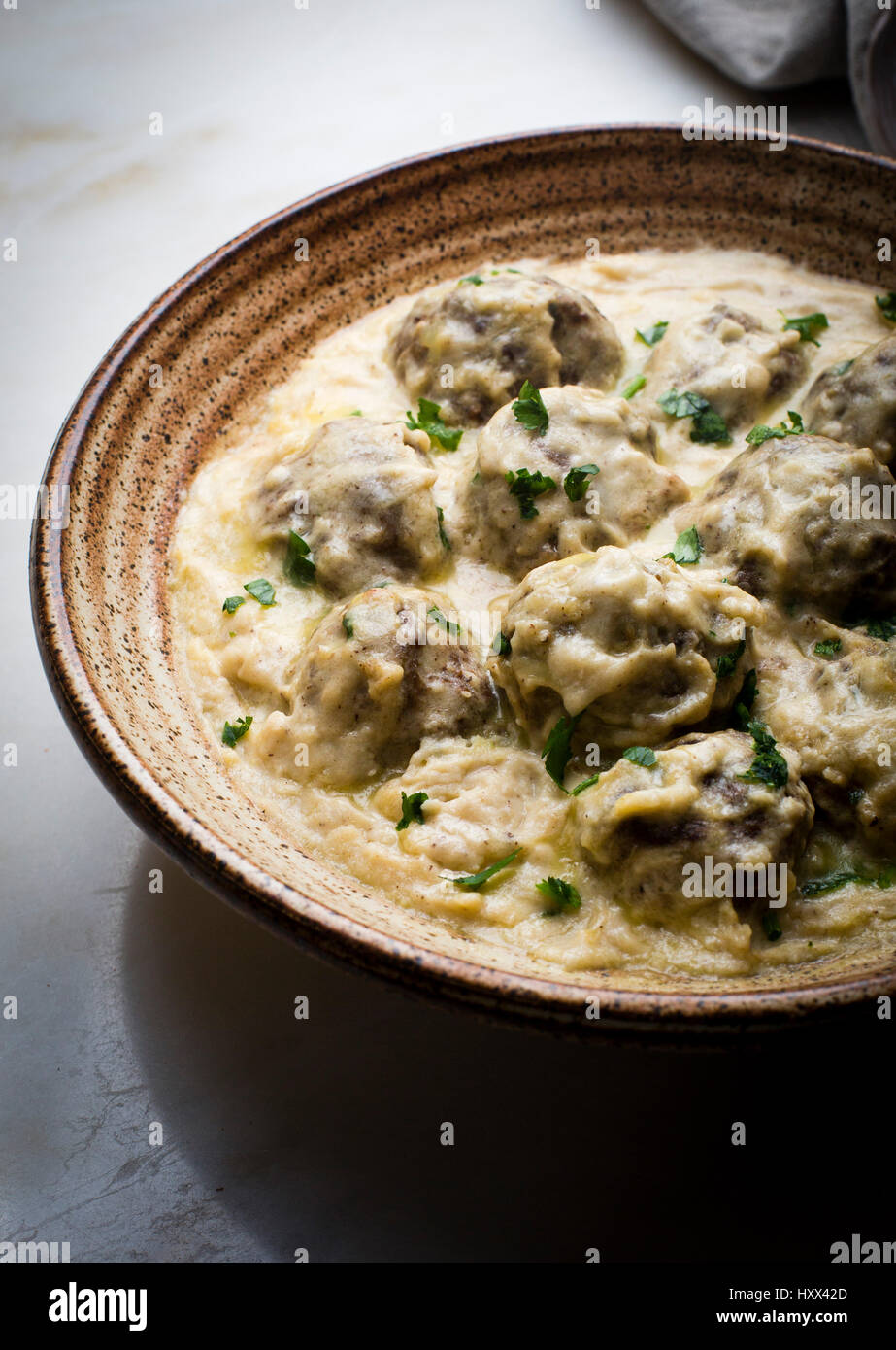 Swedish meatballs with brown gravy in a ceramic bowl Stock Photo Alamy