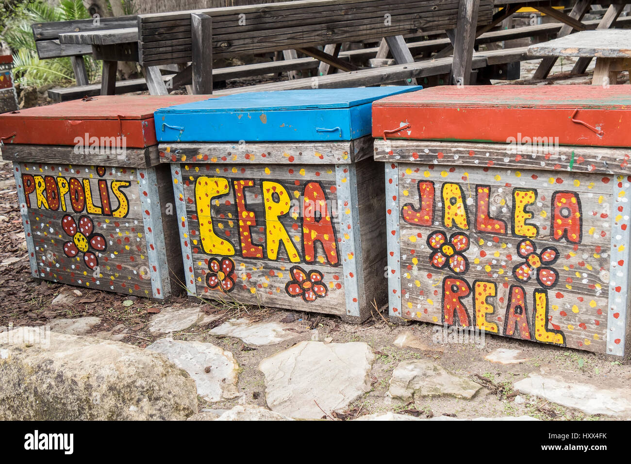 Nice decorated bee hives Stock Photo