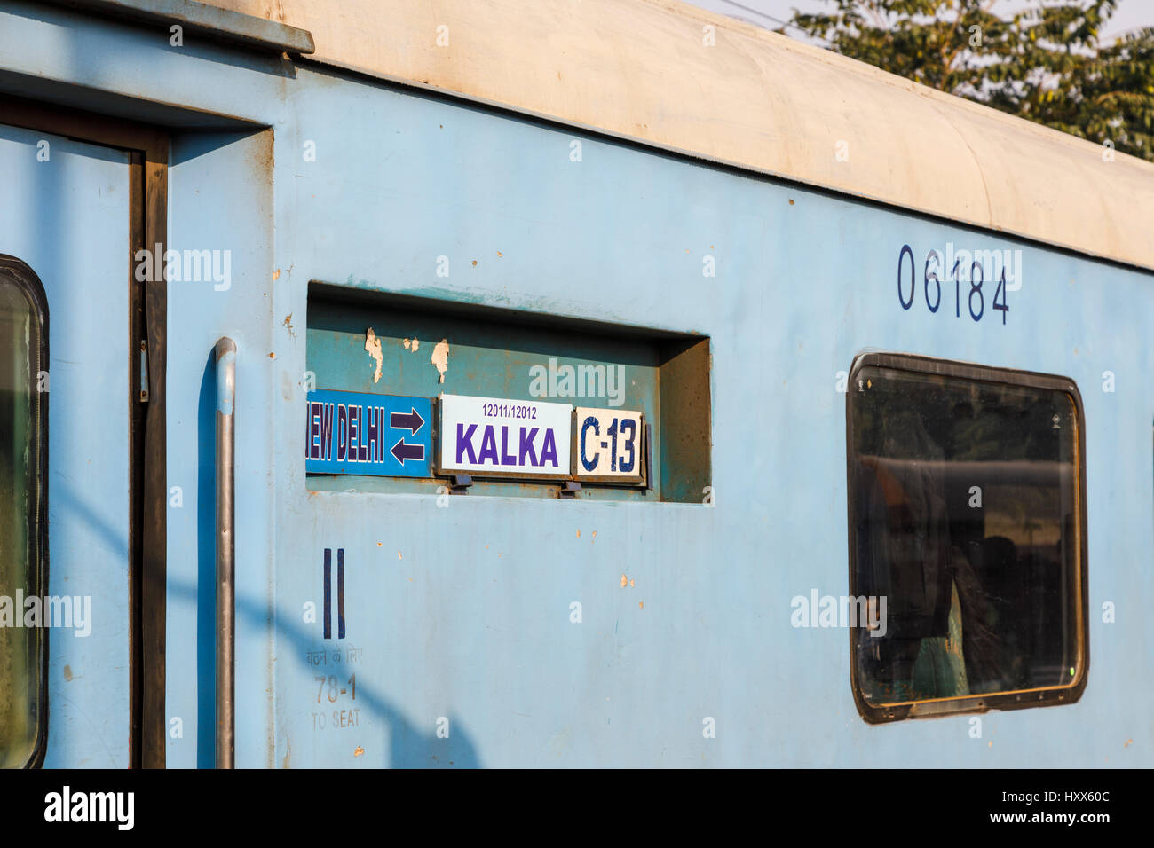 New Delhi to Kalka destination boards on a train carriage in Panipat station, Haryana, northern India, en route between Delhi and Kalka Stock Photo