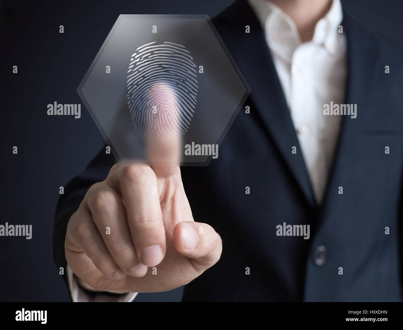 Businessman pressing modern technology display panel fingerprint Stock Photo