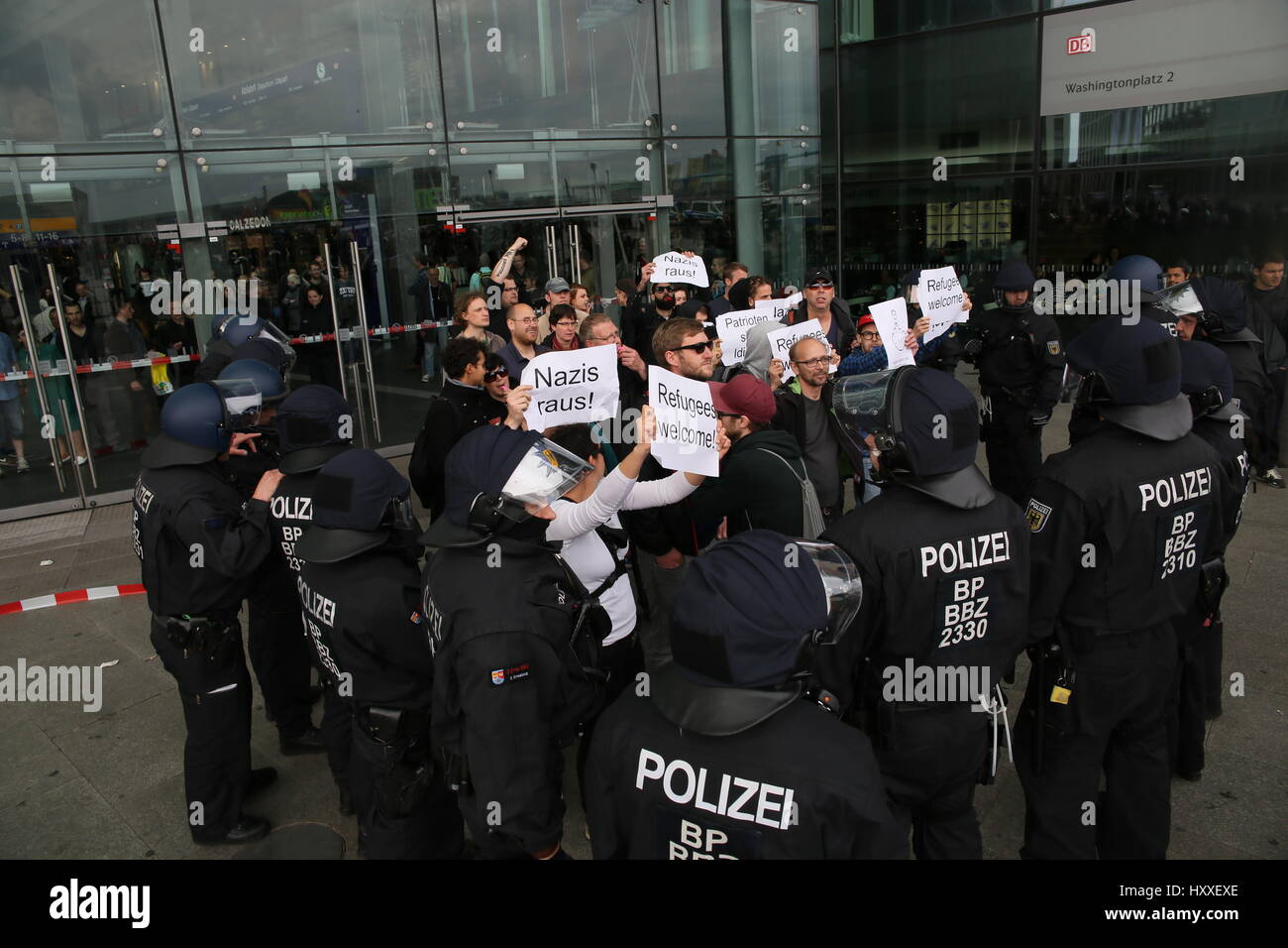 Berlin, Germany, May 9th, 2015: Antifa protesters clash with Pegida activists. Stock Photo