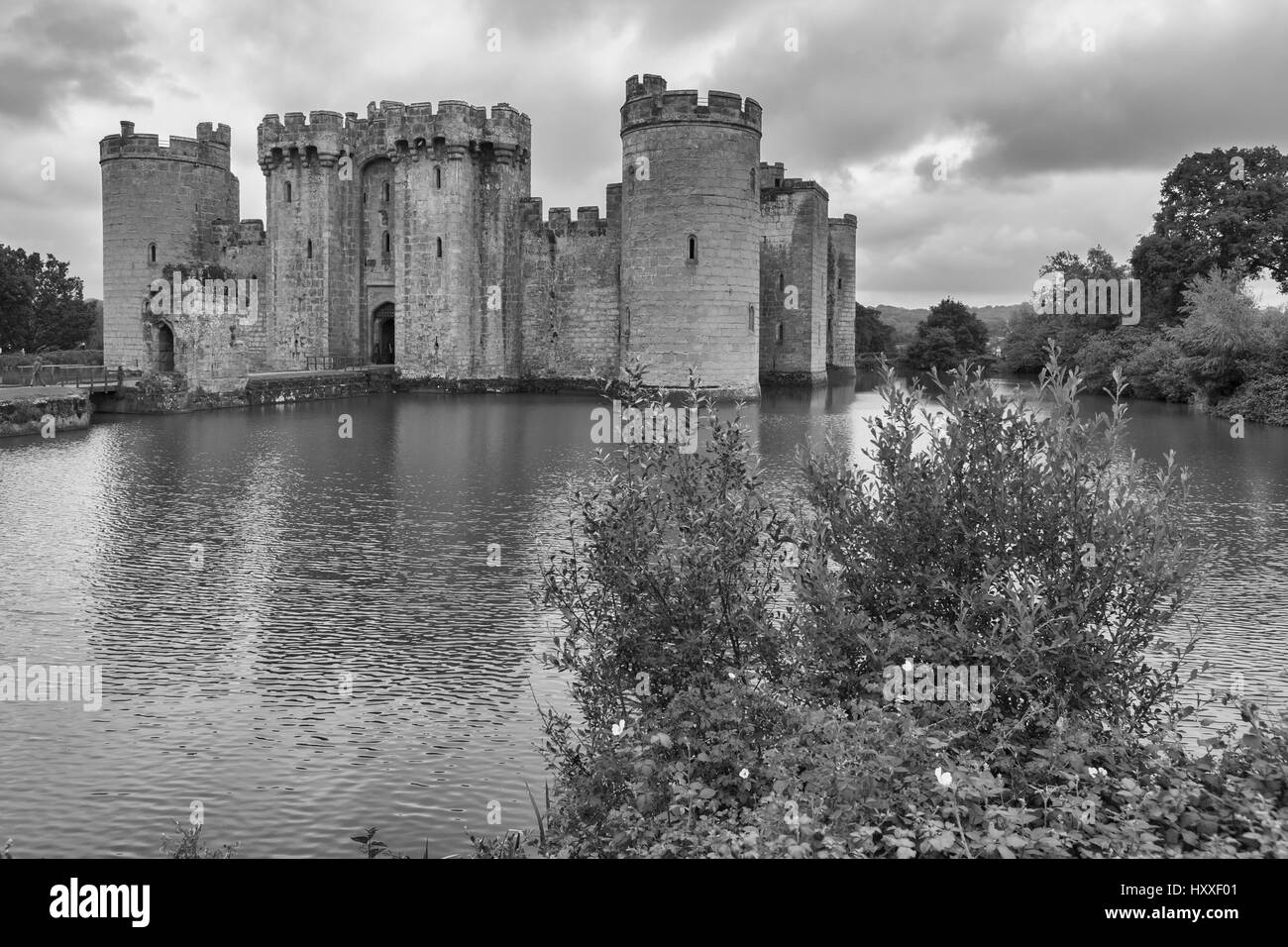 Bodiam Castle, East Sussex, England, UK: 14th century moated castle ruins.  Black and white version Stock Photo