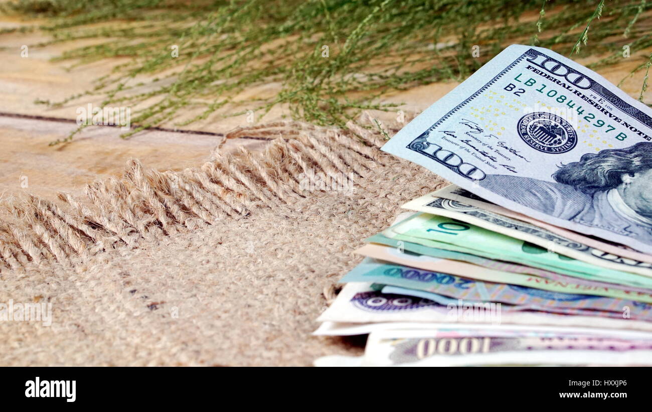 US dollars, Korean Won, Euro bills and some money bills and banknotes. Currency foreign exchange. Business and Financial or money management for inves Stock Photo