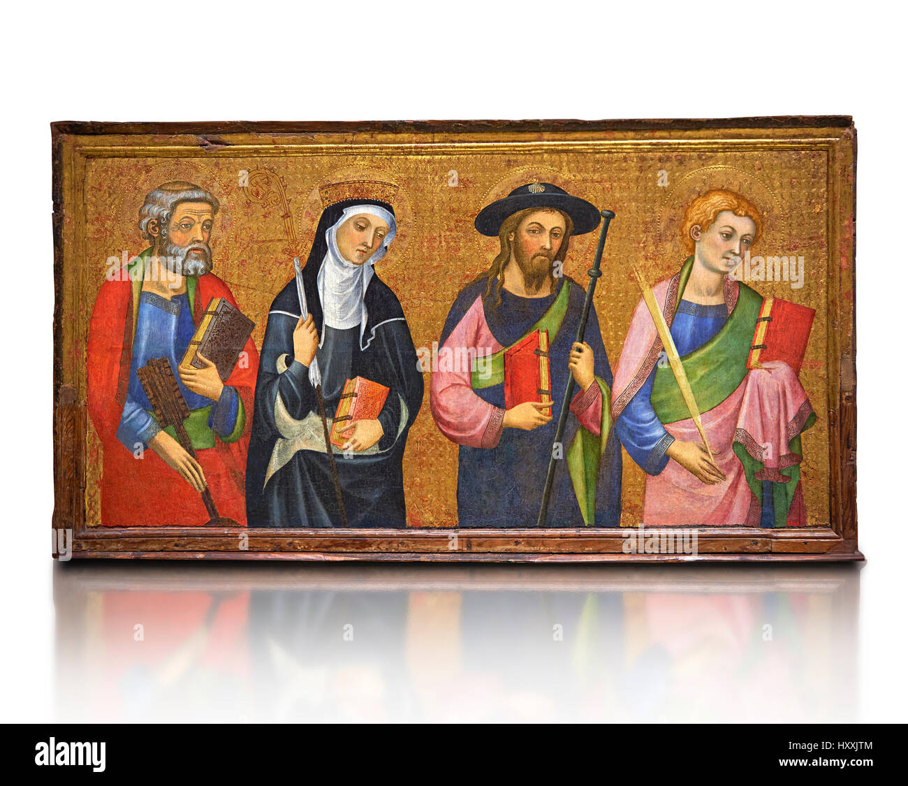 Gothic Altar panel, from Left - St Peter, St Clara, St James Greater, St. John. C.1385 by Pere Serra,  Cathedral of Tortosa. Inv MNAC 3950, 3948, 3949 Stock Photo