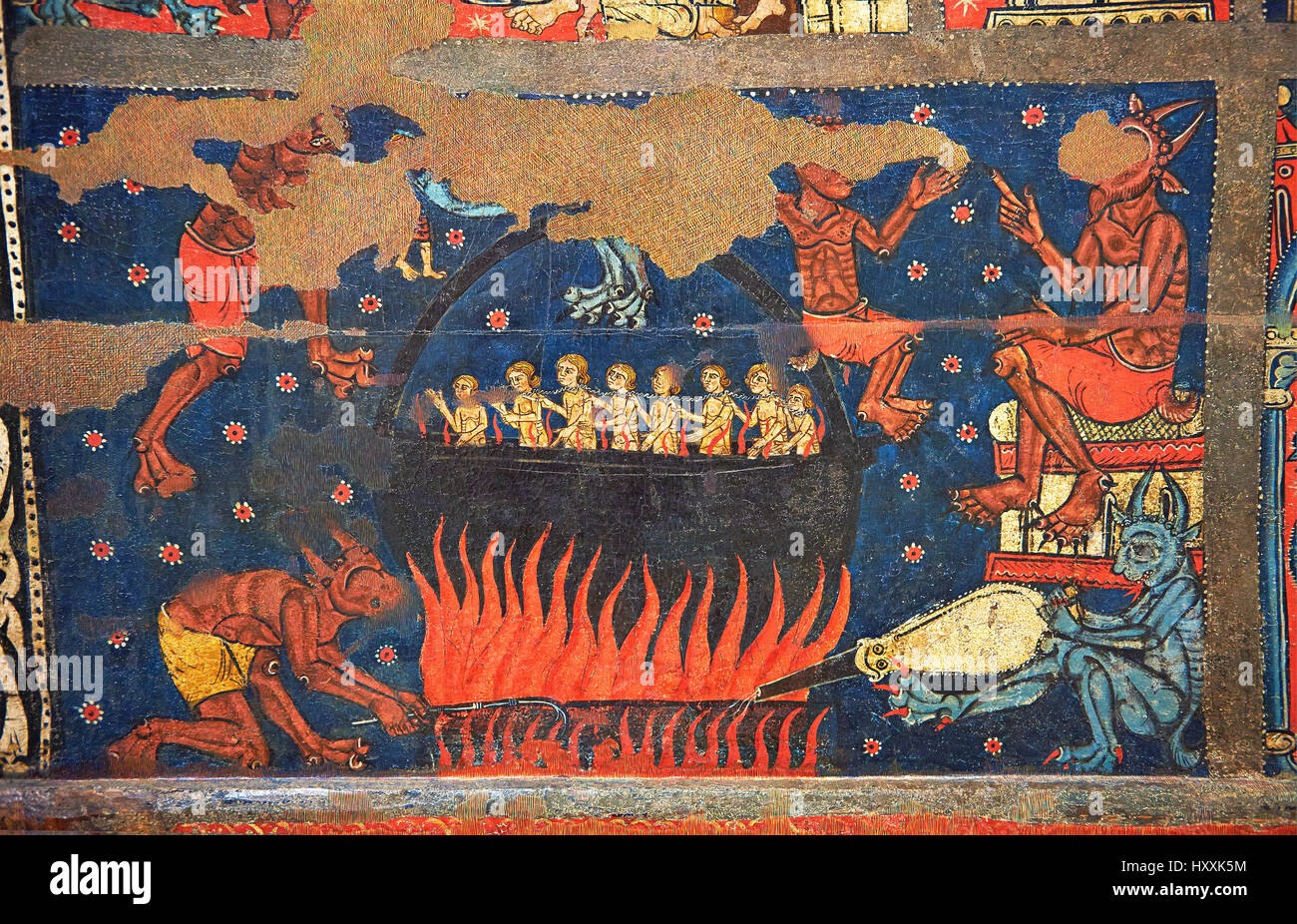 Gothic altar panel depicting scenes of hell. Late 13th century, Church of Sant Miguel de Soriguerola, Cerdanya, Huesca, . Inv MNAC 43901. Stock Photo