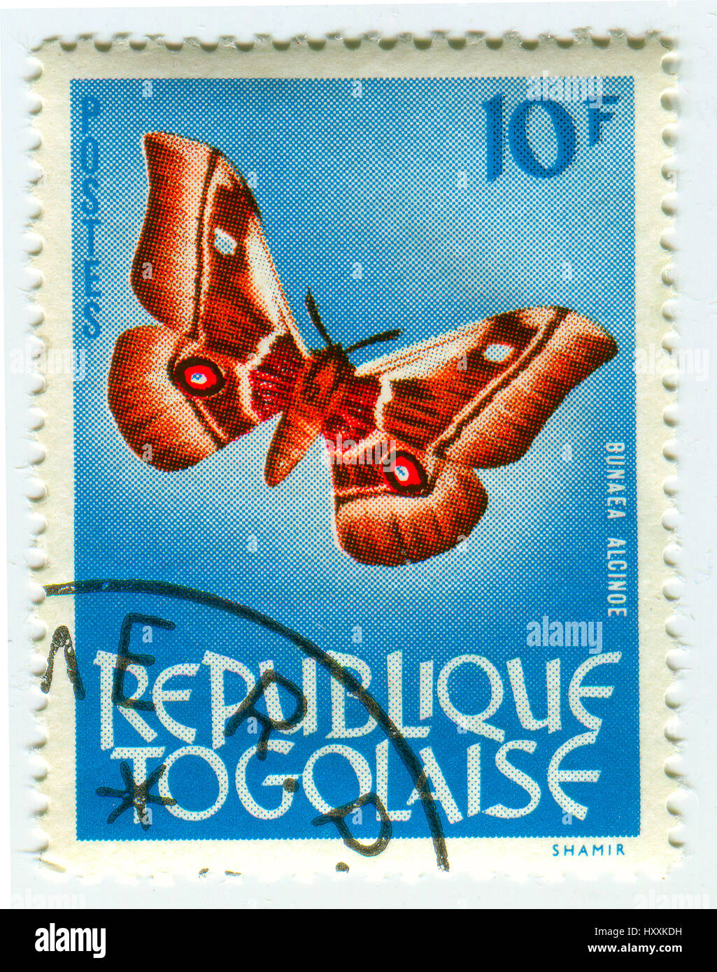 GOMEL, BELARUS, 27 MARCH 2017, Stamp printed in Togo shows image of the Bunaea Alcinoe, circa 1980. Stock Photo