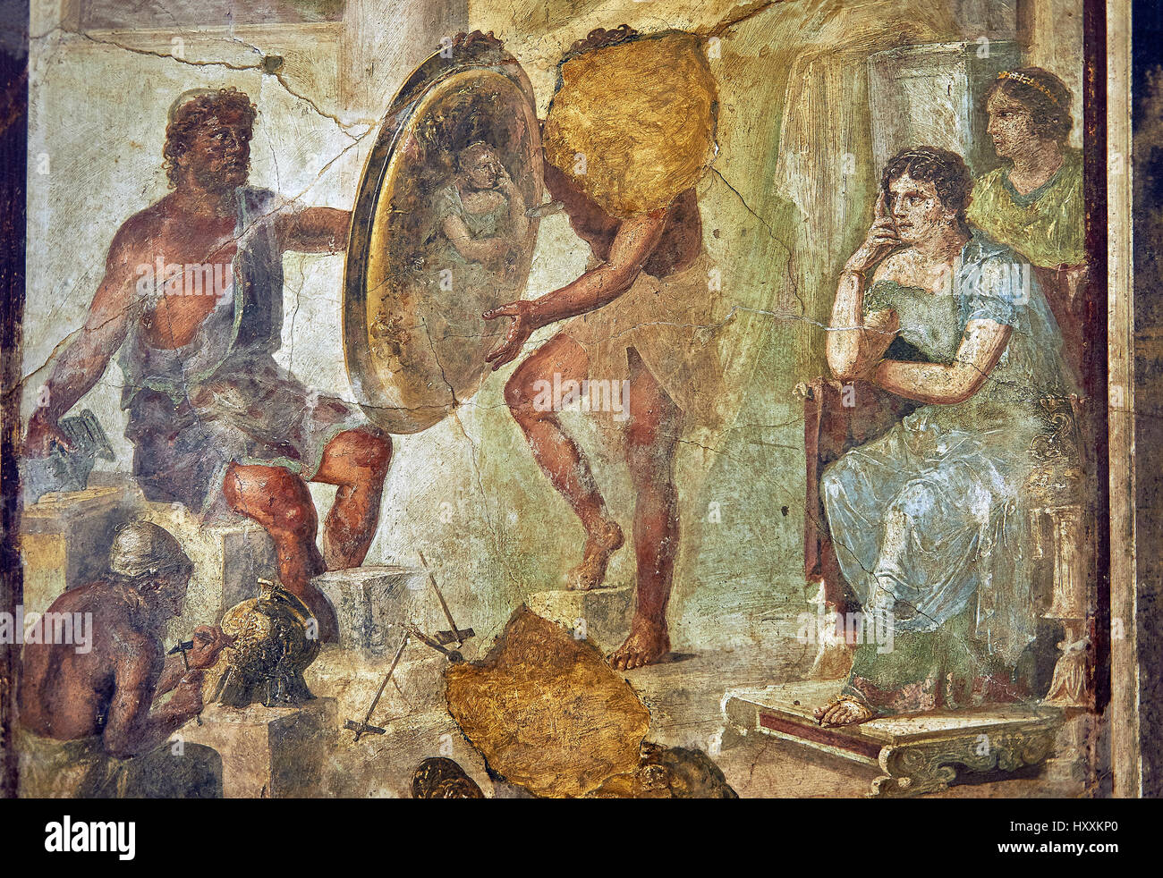 Roman fresco wall painting of Thetsis looking at her reflection in a golden shield that Hephaistos has made for Achilles, Pompeii IX 1.7, inv 9529, Stock Photo