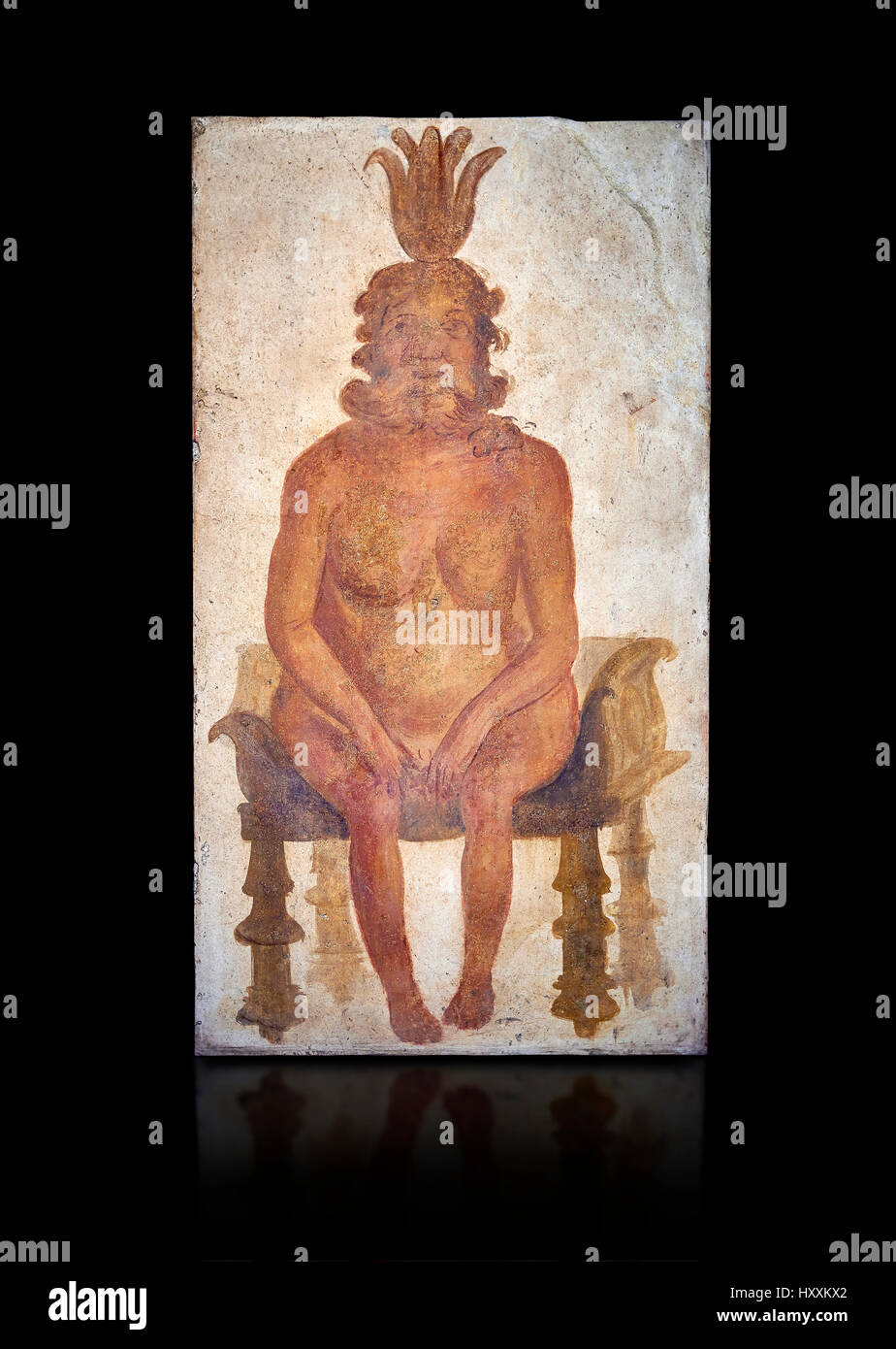 Roman fresco wall painting from the Sacrarium of the Temple of Isis in Pompeii depicting the Egyptian god Bes,  inv 1.72 , Naples National Museum Stock Photo