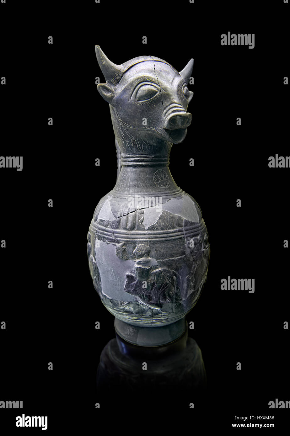 6th century BC Etruscan Bull headed bucherro style oinochoe, or wine jug,  made in Chuisi, inv 3190, National Archaeological Museum Florence, Italy , Stock Photo