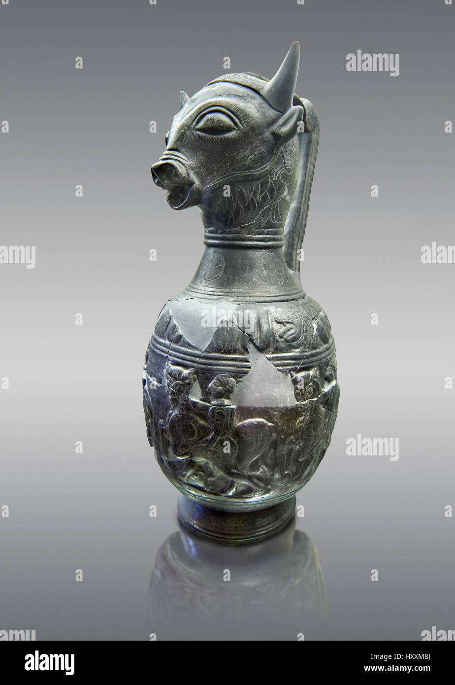 6th century BC Etruscan Bull headed bucherro style oinochoe, or wine jug,  made in Chuisi, inv 3190, National Archaeological Museum Florence, Italy , Stock Photo