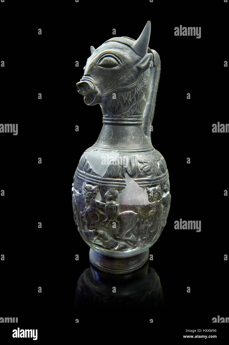 6th century BC Etruscan Bull headed bucherro style oinochoe, or wine jug,  made in Chuisi, inv 3190, National Archaeological Museum Florence, Italy , Stock Photo