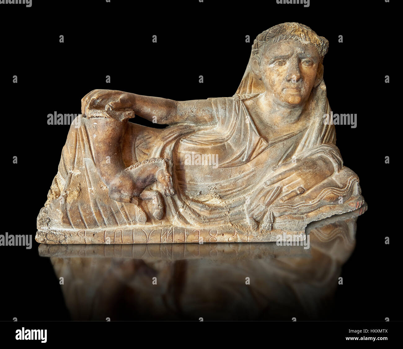 Etruscan Hellenistic style cinerary, funreary, urn  cover,  National Archaeological Museum Florence, Italy , black background Stock Photo
