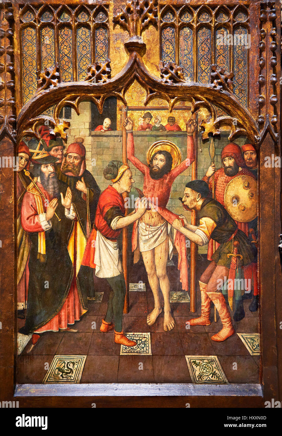 Gothic Altarpiece painting of Christs cucifiction at Calvary by Jaume Huguet, National Museum of Catalan Art MNAC   24365. Stock Photo