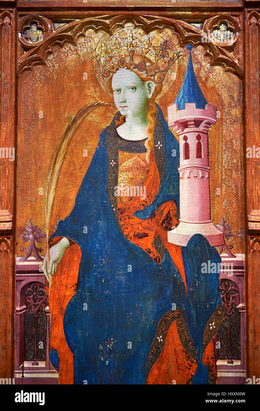 Gothic painted Panel Altarpiece of Saint Barbara by Goncal Peris Sarria. Tempera and gold leaf on wood. Date Circa 1410-1425.MNAC  inv no: 035672-CJT Stock Photo