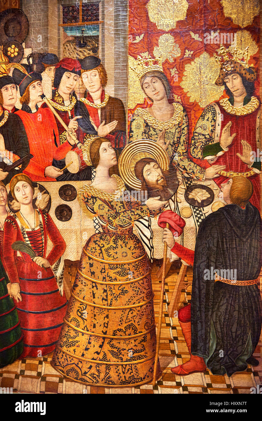 Gothic Catalan painted panel of the Banquet of Herod, Pere Garcia de Benvarri , C. 1470, church of Sant Joan del Mercat de Lleida, inv no: MNAC  64060 Stock Photo