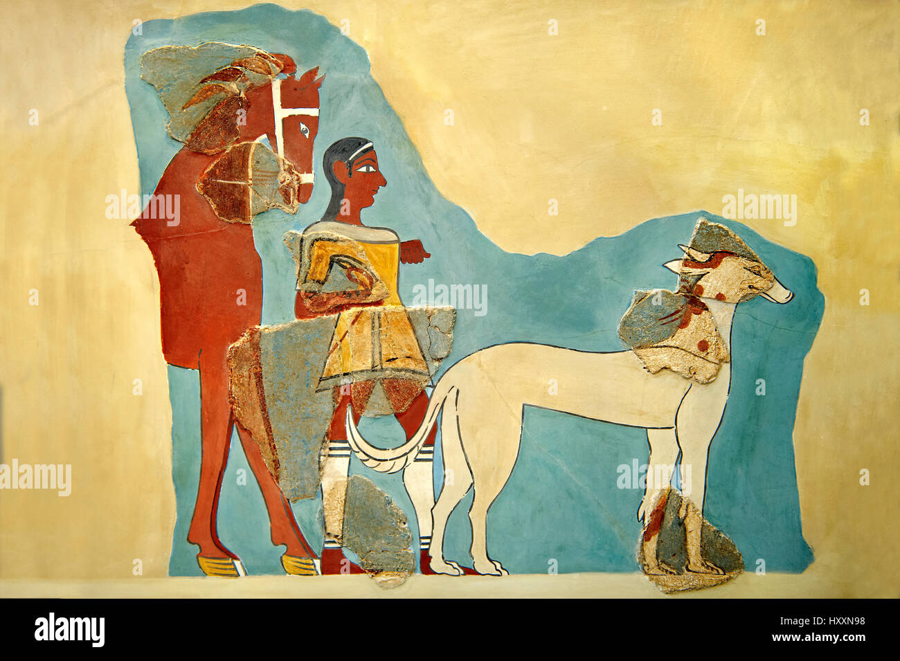 Mycenaean Fresco wall painting  of a Mycanaean with horse & wild boar hunting dog from the Tiryns, Greece. 14th - 13th Century BC. Athens Museum Stock Photo