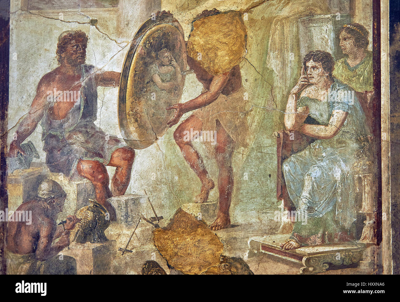 Roman fresco wall painting of Thetsis looking at her reflection in a golden shield that Hephaistos has made for Achilles,Pompeii IX 1.7, inv 9529, Nap Stock Photo