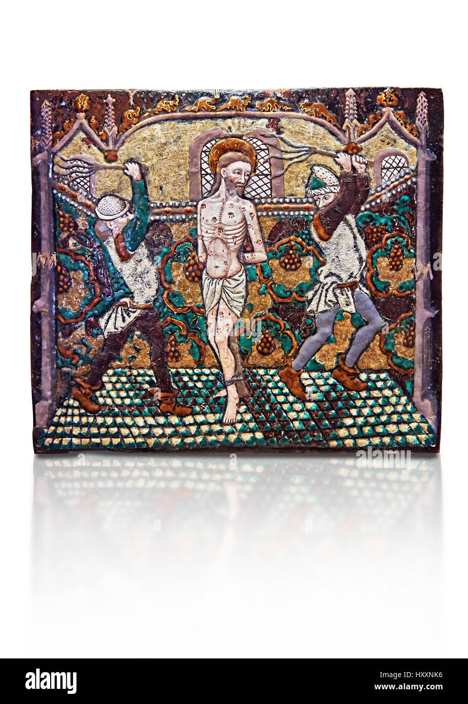 Enamelled plaque depicting Christ’s flagellation, Limoges late 15th century,  Master Pseudo-Monvaerni. inv 6309, The Louvre Museum, Paris. Stock Photo