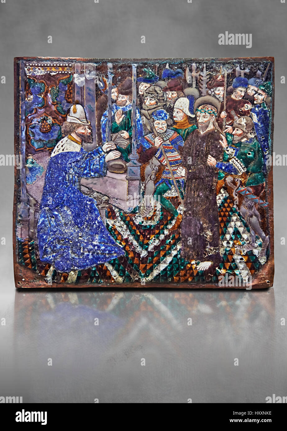 Enamelled plaque depicting Christ’s being tried by Pilate, Limoges late 15th century,  Master Pseudo-Monvaerni. inv 6309, The Louvre Museum, Paris. Stock Photo