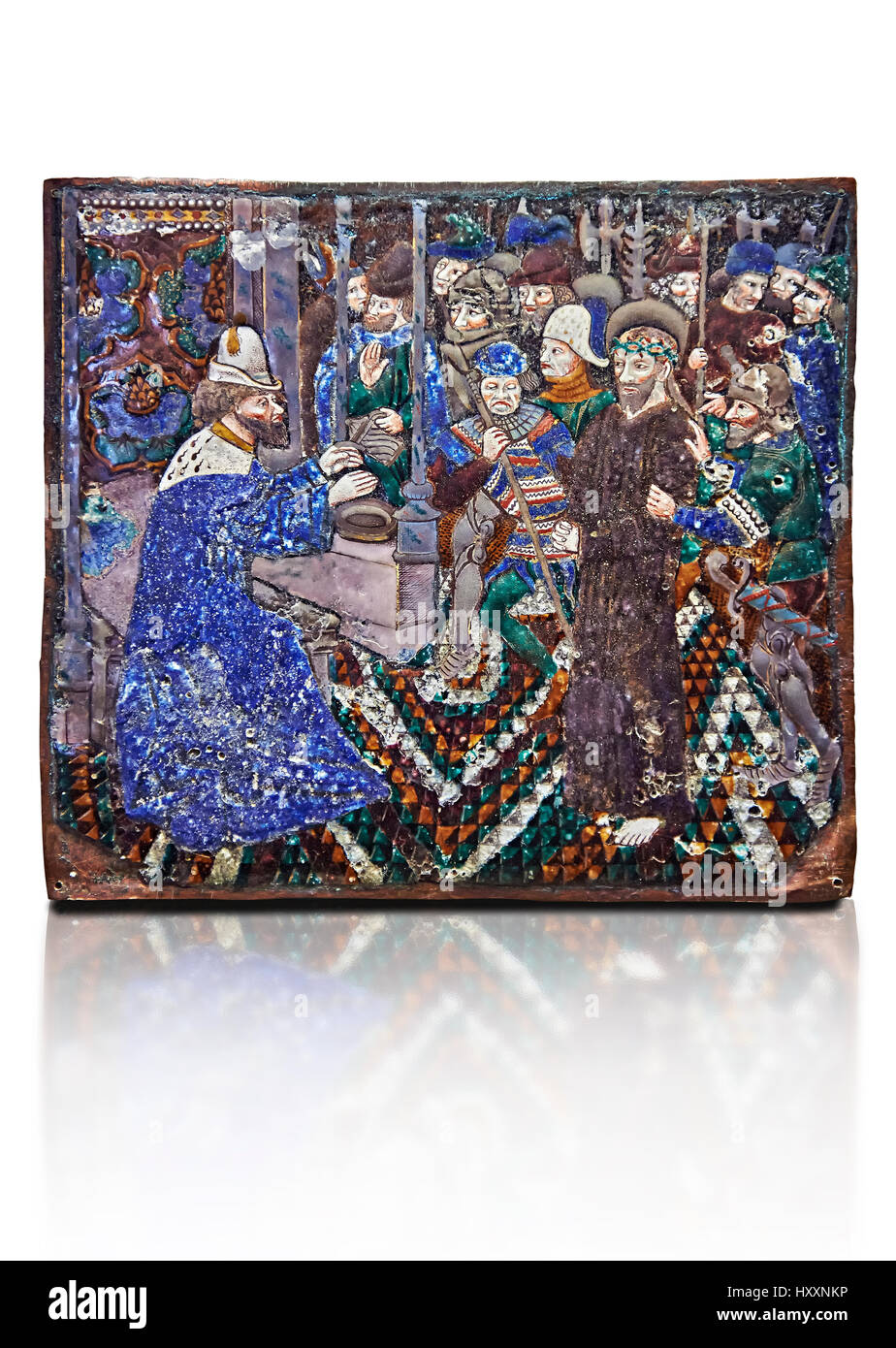Enamelled plaque depicting Christ’s being tried by Pilate, Limoges late 15th century,  Master Pseudo-Monvaerni. inv 6309, The Louvre Museum, Paris. Stock Photo