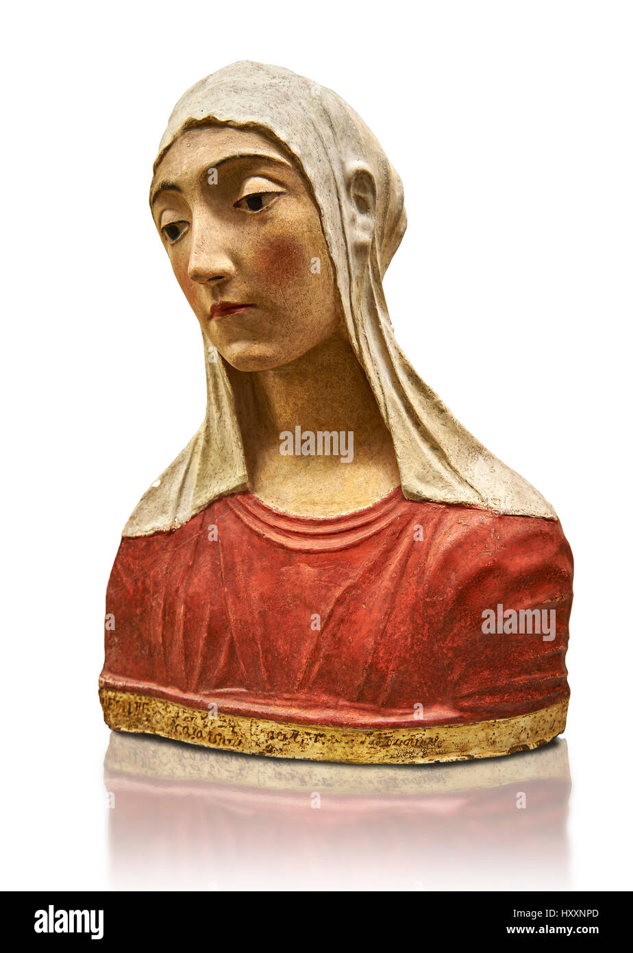 Painted stucco bust of the Virgin of the Annonciation or Saint Catherine of Sienna. Florence c.1429 by Palagio Fiorentino.  nv Campana 32, The Louvre Stock Photo