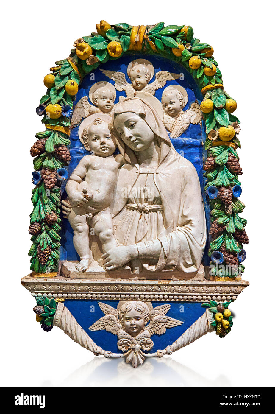 Enamelled terracotta relief panel of the Virgin and Child with Cherubs, Andrea  della Robbia, Florence circa 1435-1525. Inv  Campana 32,  The Louvre M Stock Photo