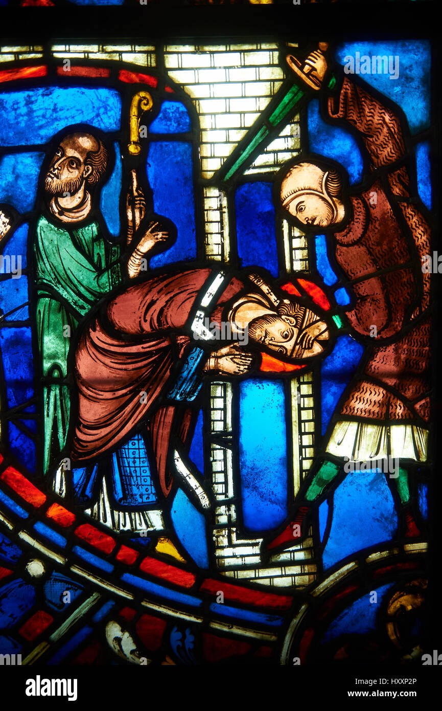 Stained glass windows depicting scenes from the life of Saint Nicaise, 13th century from Cathedral of Soissons.  Inv OA 6006,  The Louvre Museum, Pari Stock Photo
