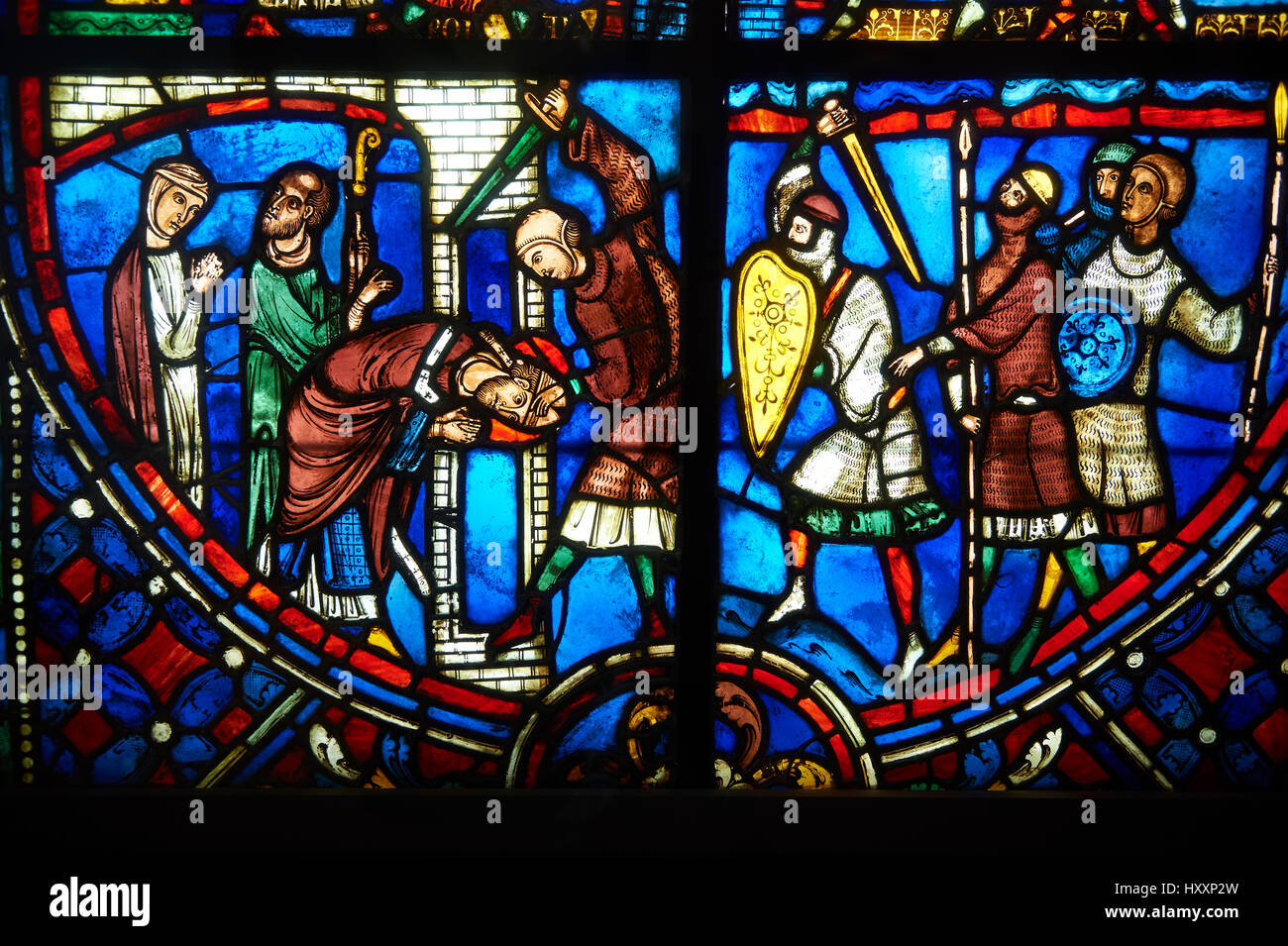 Stained glass windows depicting scenes from the life of Saint Nicaise, 13th century from Cathedral of Soissons.  Inv OA 6006,  The Louvre Museum, Pari Stock Photo
