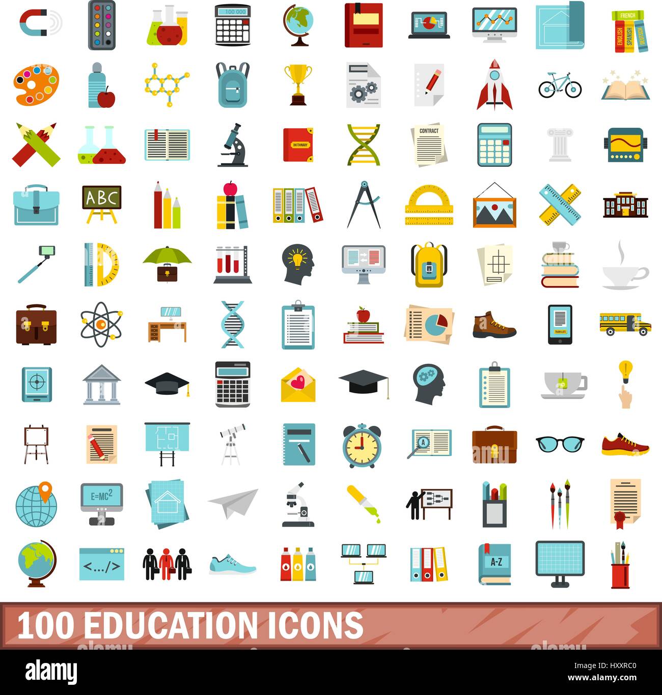 100 education icons set, flat style Stock Vector