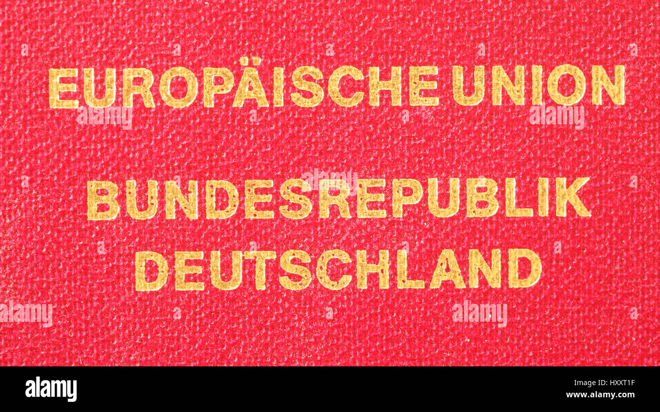 texture Europaeische union (European Union) and Bunderepublik Deutschland (Germany) on a German Travel Passport Stock Photo