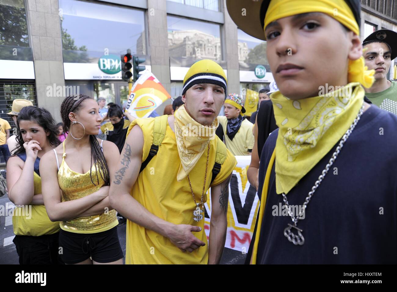Milan (Italy), members of the group Latin Kings participate in a demonstration for immigrant