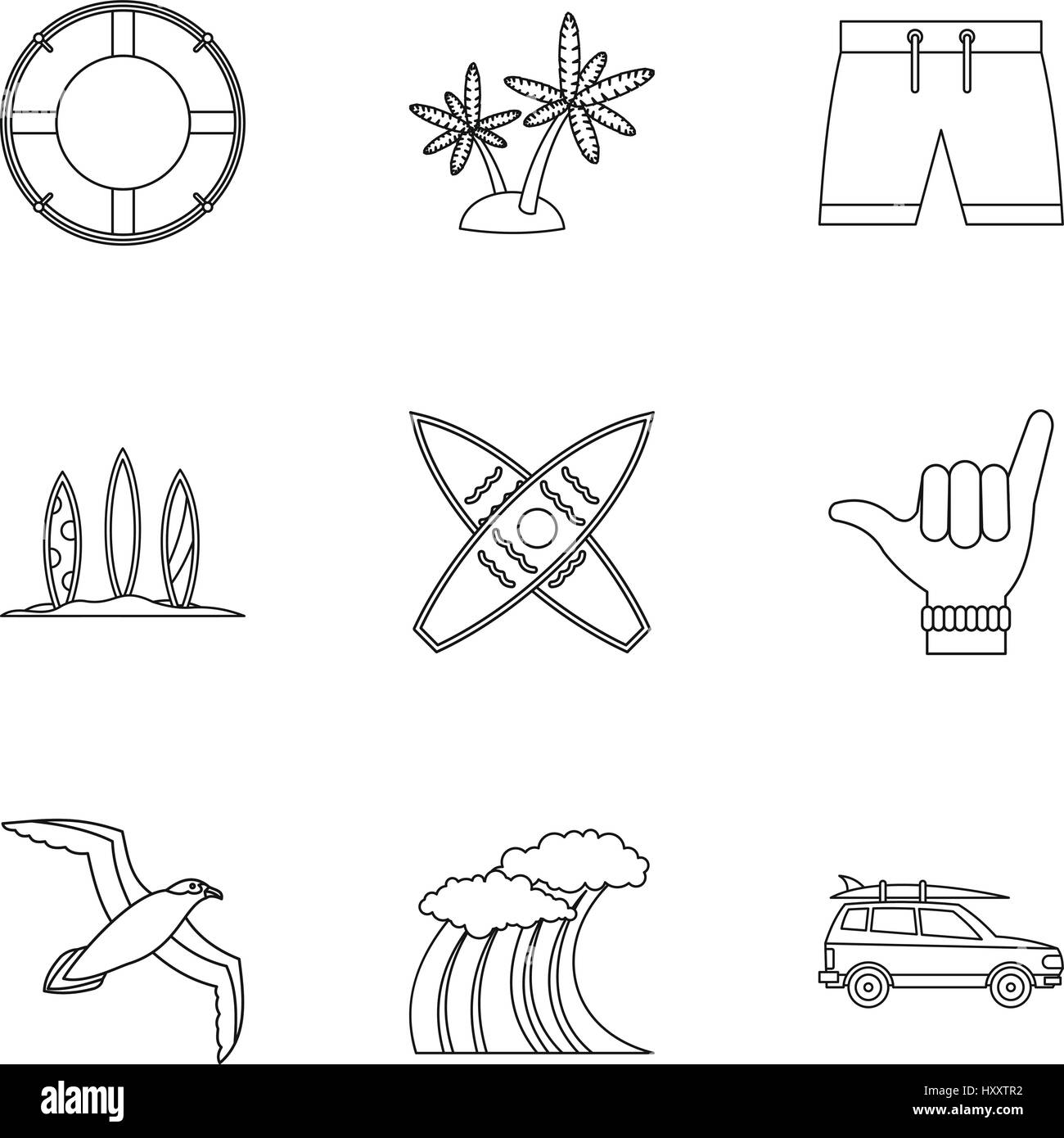 Surfing in sea icons set, outline style Stock Vector Image & Art - Alamy