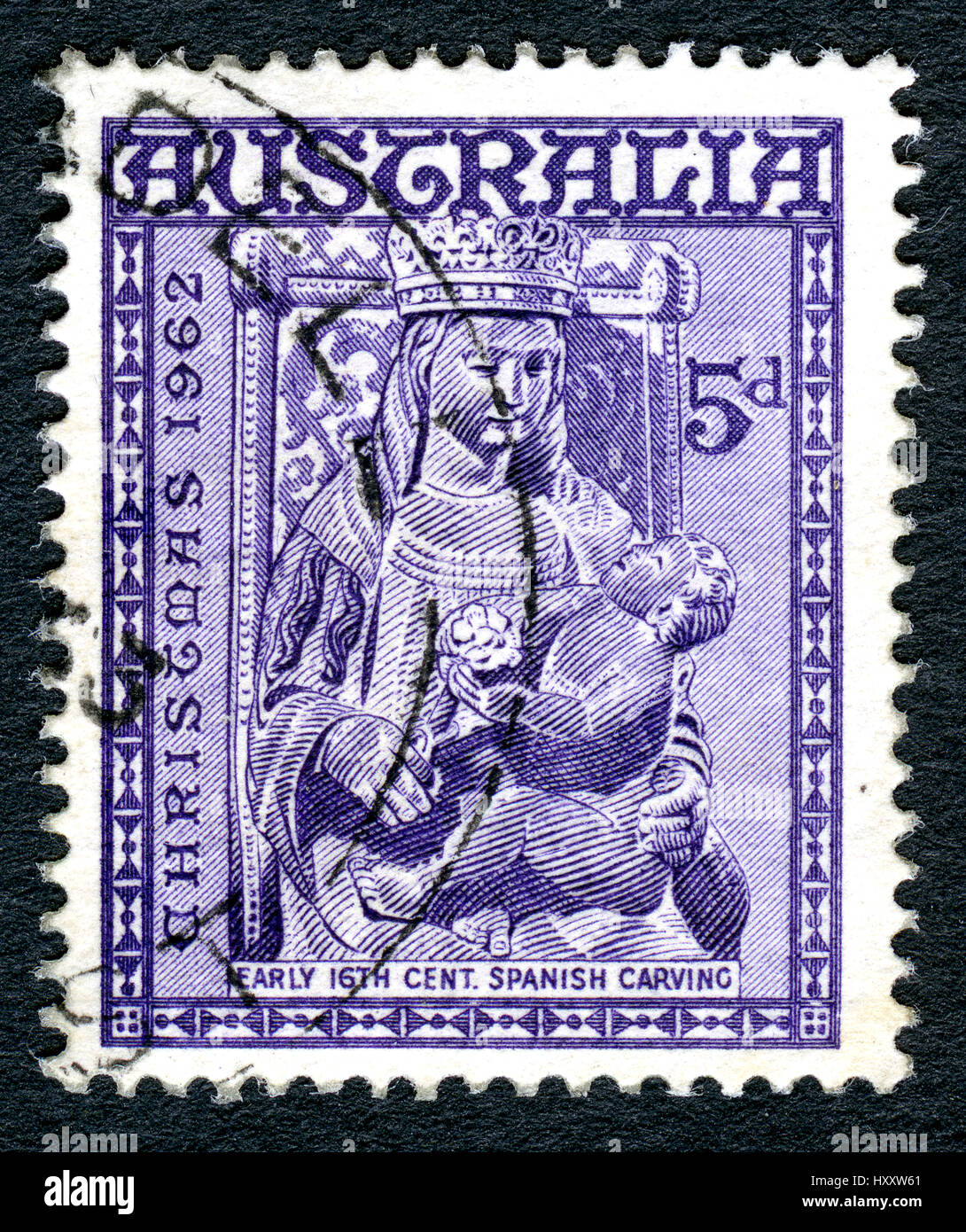 AUSTRALIA - CIRCA 1962: A used postage stamp from Australia, depicting an illustration of the baby Jesus and Mary, commemorating Christmas, circa 1962 Stock Photo