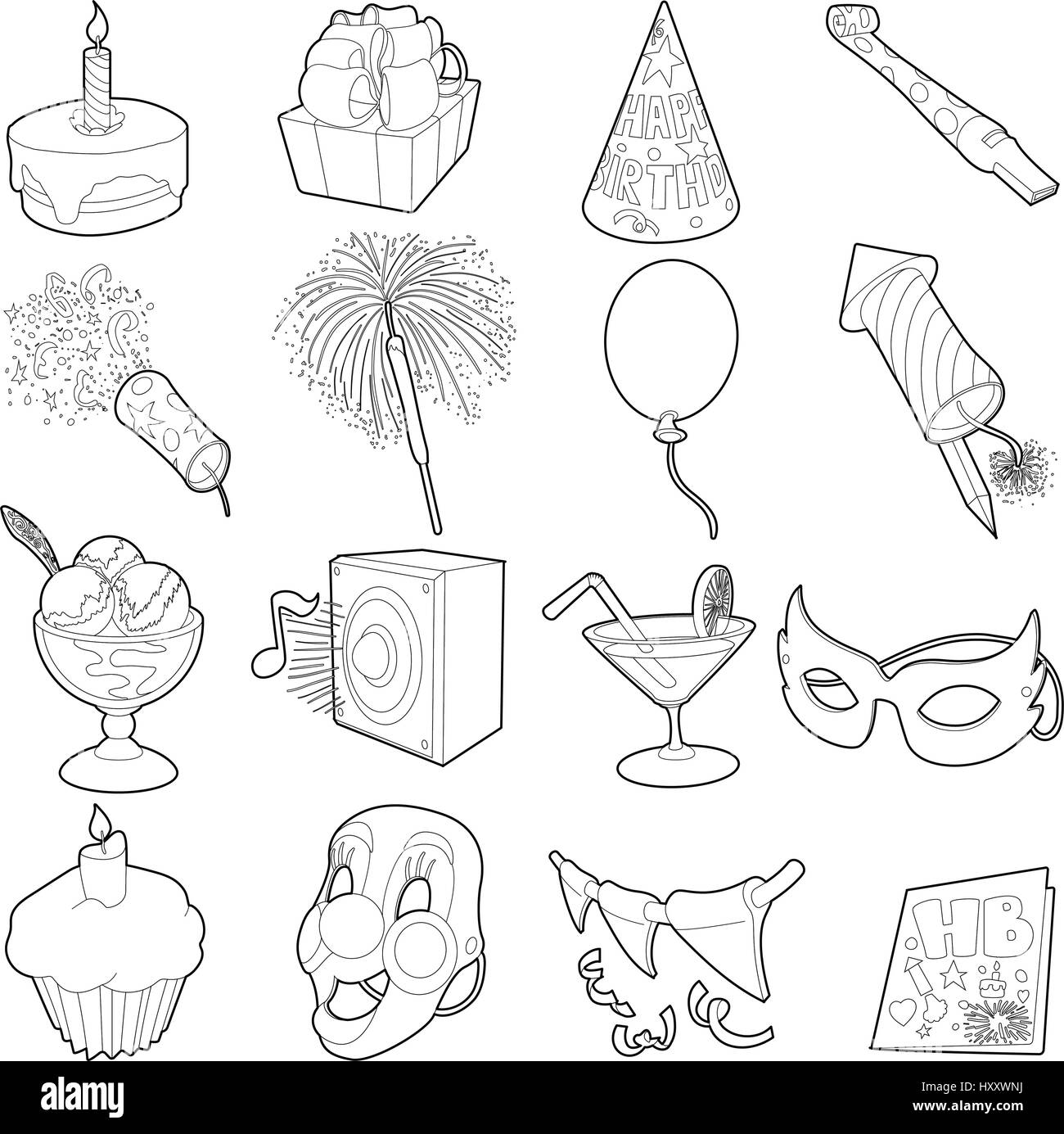 Happy Birthday Icons Set Outline Cartoon Style Stock Vector Image Art Alamy