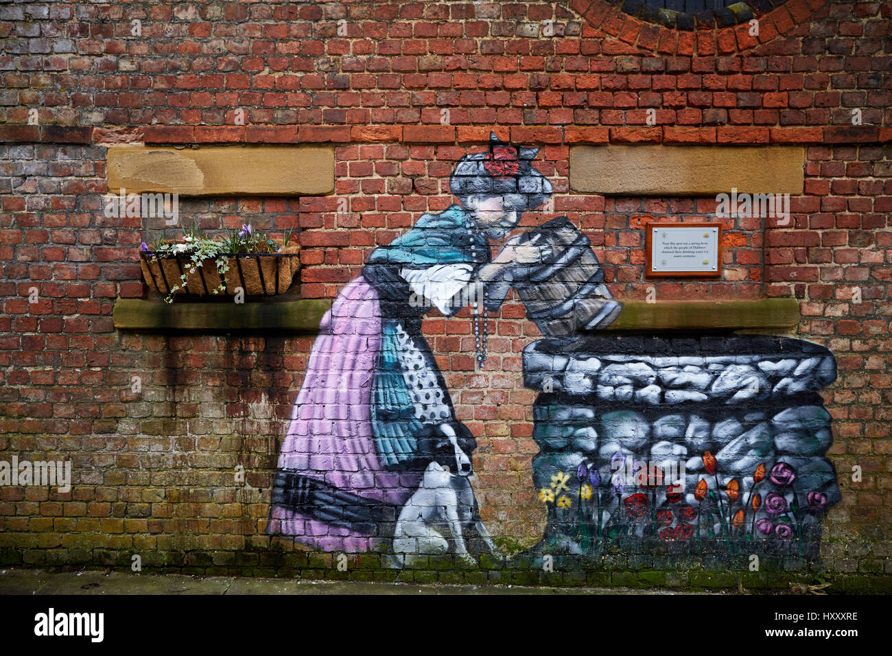 Graffiti art, strut mural, at the site of a water well spa Stenner Lane in Didsbury,  Manchester, England, UK, Stock Photo