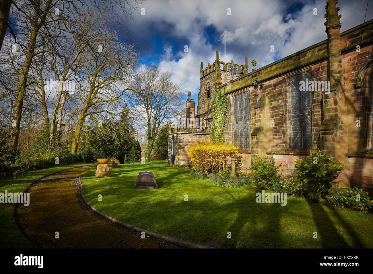 Sunny day at St James Church exterior  on Stenner Lane in Didsbury,  Manchester, England, UK, Stock Photo