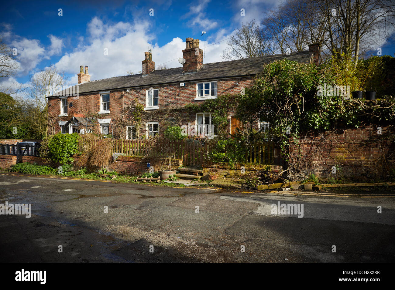 Sunny day Terraced Cottages on Stenner Lane in Didsbury,  Manchester, England, UK, Stock Photo
