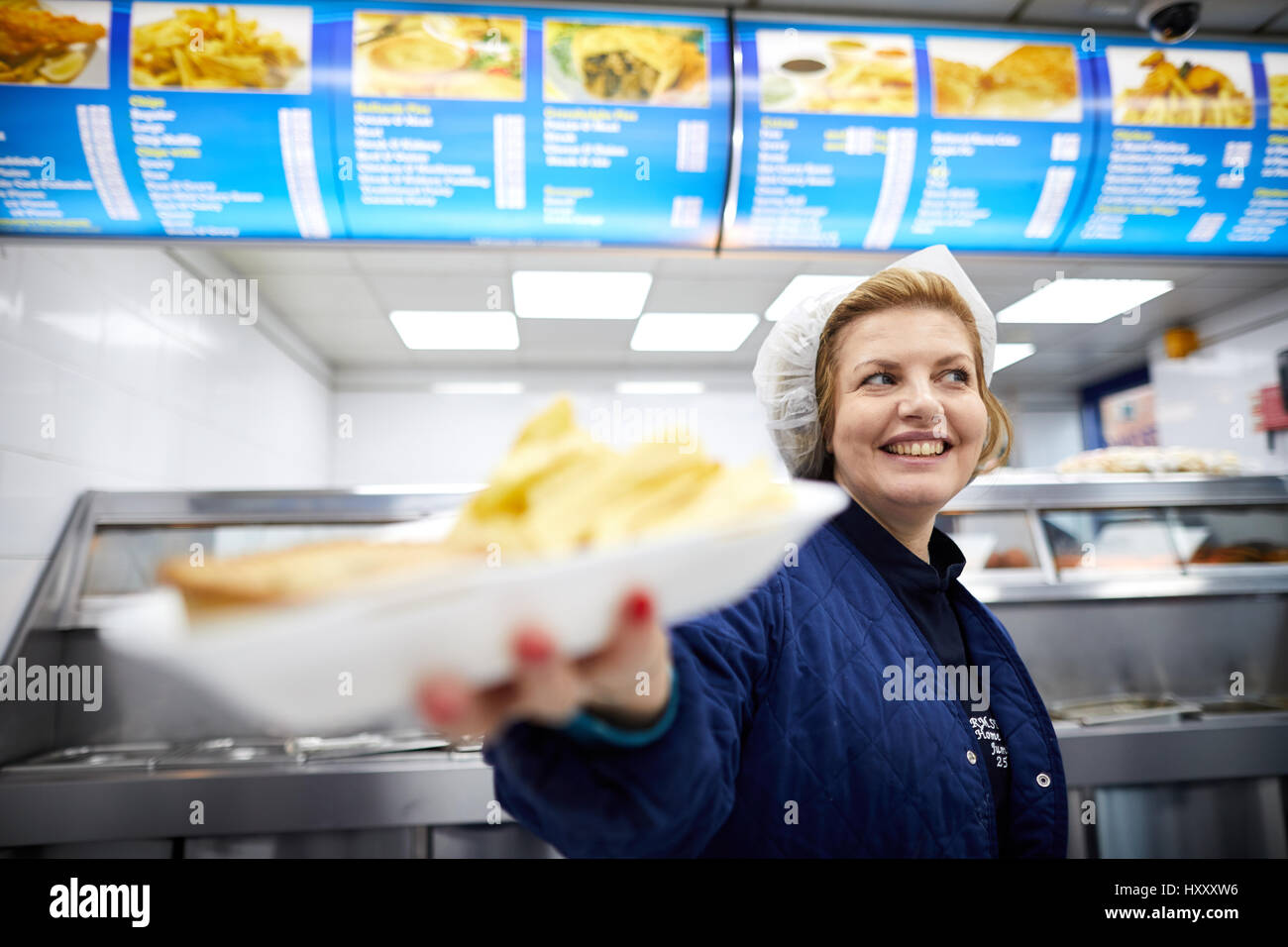 Hollands Pies and chips served at Armstrong’s Fish & Chips Shaw, Oldham,, Gtr Manchester