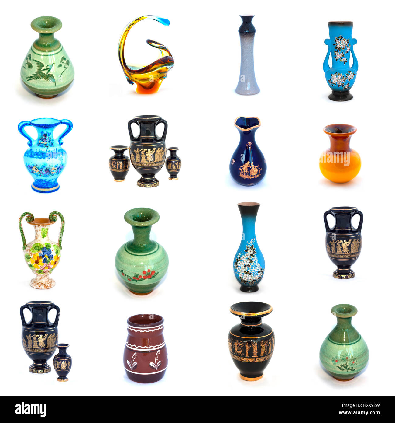 Collage of ceramic and glass vases isolated on white background Stock