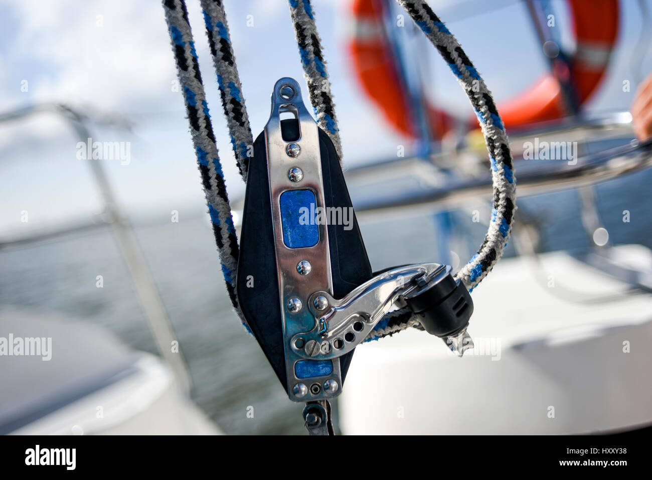 Sailing yacht rigging equipment main sheet traveller block closeup
