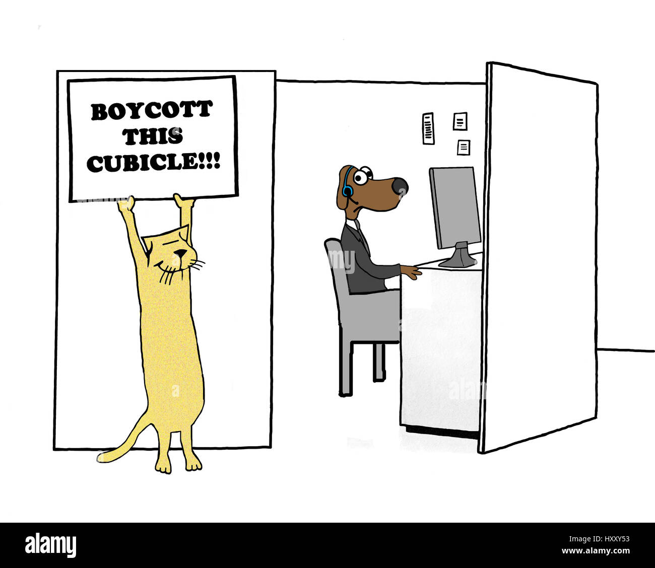 Business cartoon of a worker encouraging others to boycott this cubicle. Stock Photo