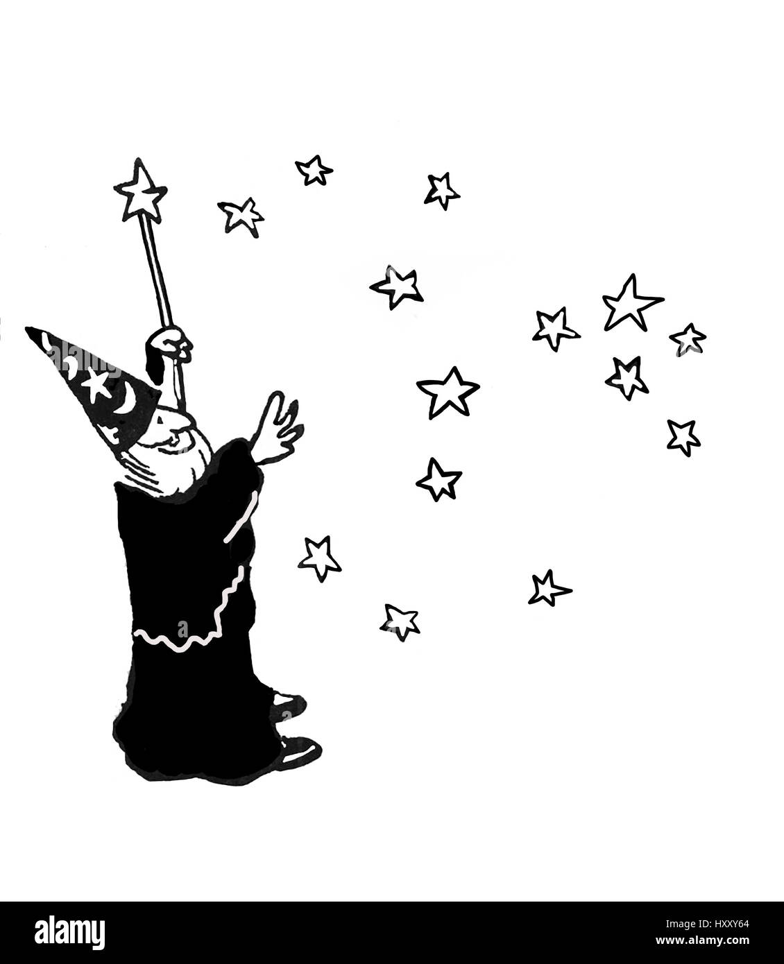 Cartoon illustration of a wizard granting wishes. Stock Photo