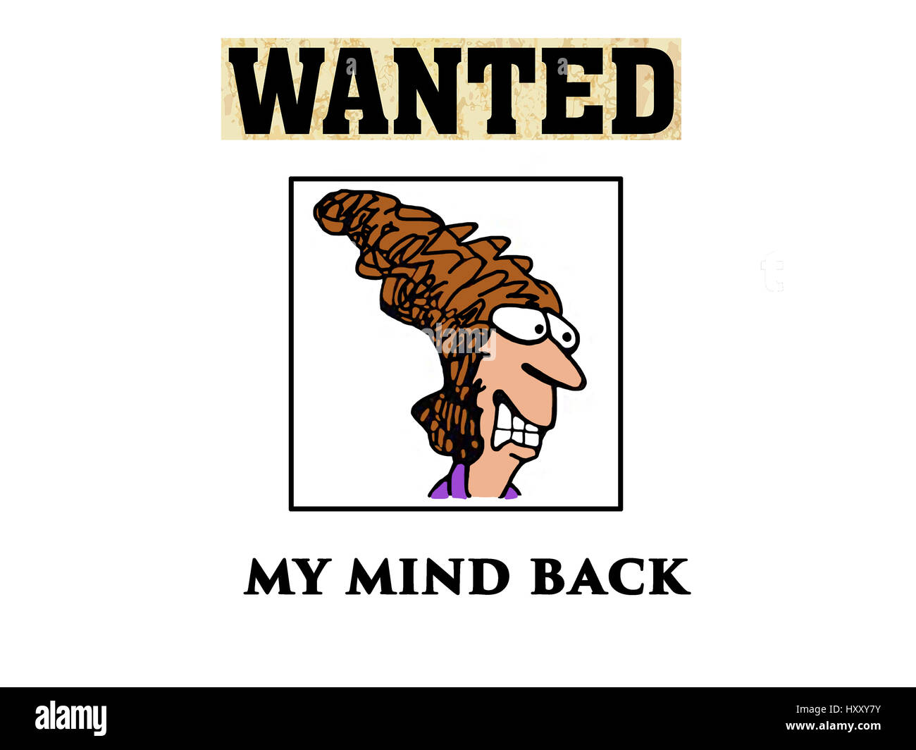 Cartoon illustration showing a stressed woman who wants her mind back. Stock Photo