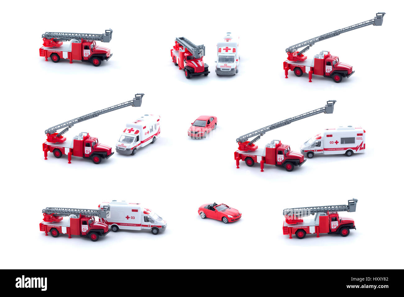 Collage of toy Fire Truck, Ambulance and red car isolated on white background. Stock Photo