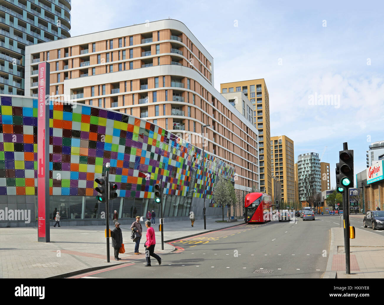 Lewisham town centre, southeast London, showing the brightly coloured façade of the new swimming pool, part of a major town centre redevelopment Stock Photo