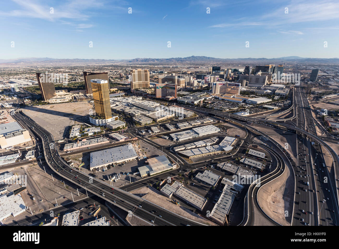 Las Vegas, Nevada, USA - March 13, 2017:  Aerial view of Las Vegas resorts, roads and interstate 15. Stock Photo