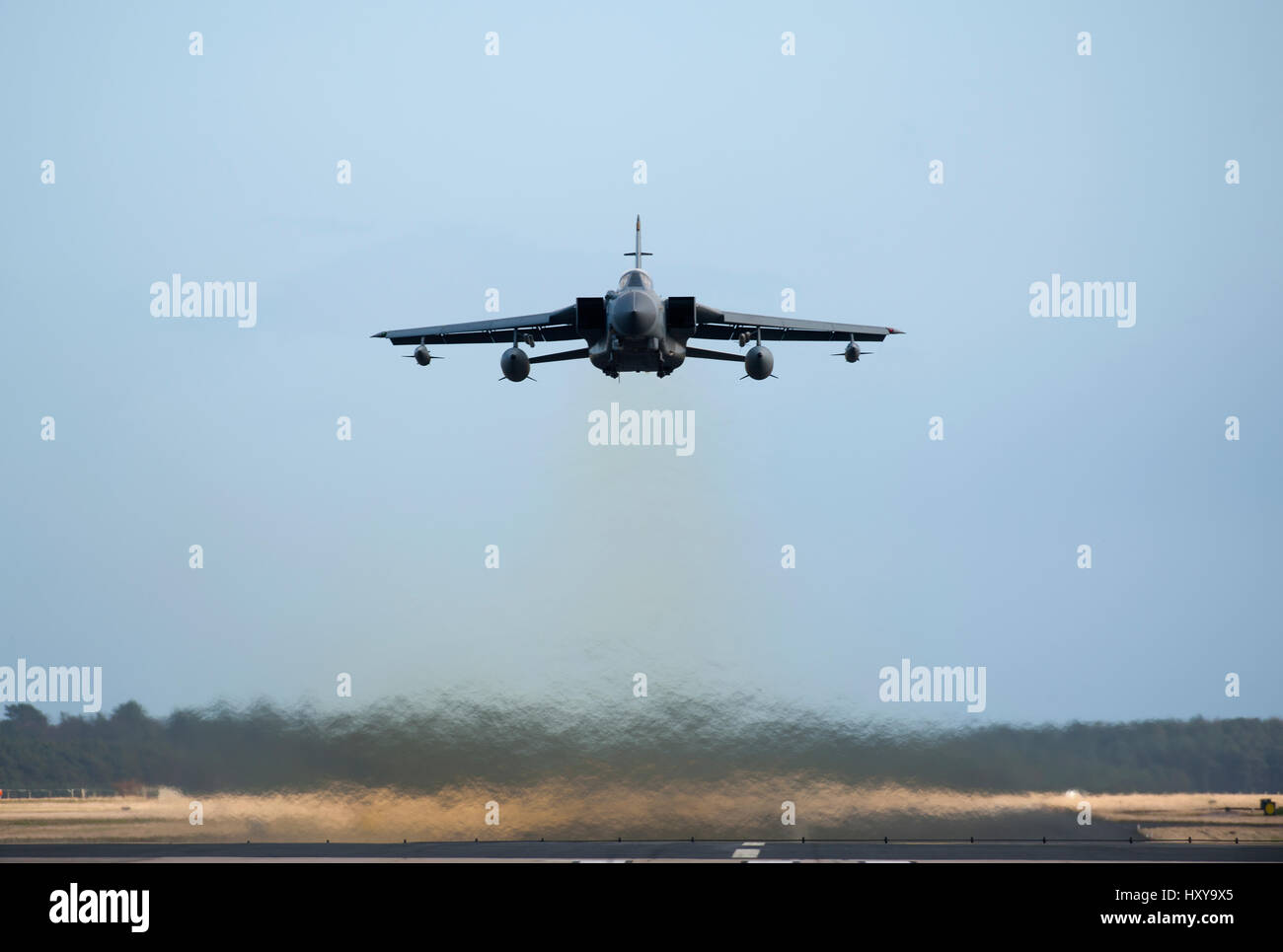 Panama Gr4 Tornado Twin jet engined Aircraft at low level takeoff from home base, RAF Lossiemouth Air Station, Morayshire Scotland. Stock Photo