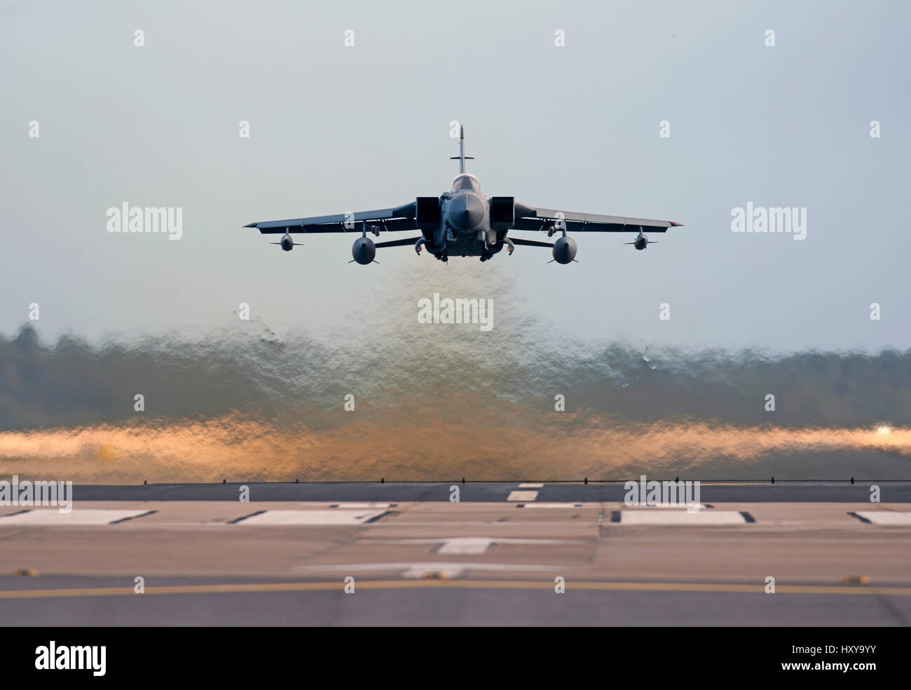 Panama Gr4 Tornado Twin jet engined Aircraft at low level takeoff from home base, RAF Lossiemouth Air Station, Morayshire Scotland. Stock Photo